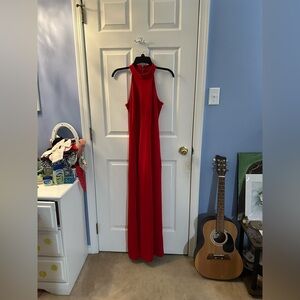 Red high-neck formal dress